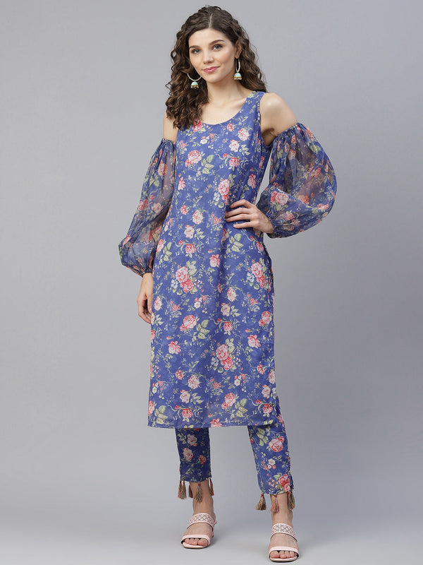 Women's Blue Floral Print Kurta With Pant - Aks