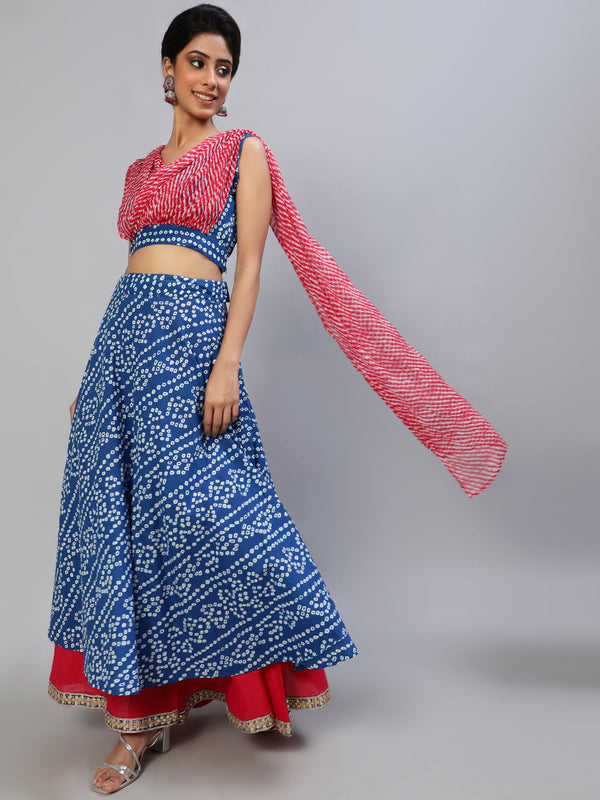 Women's Blue Bandhani Print Lehenga Choli With Attached Dupatta - Aks