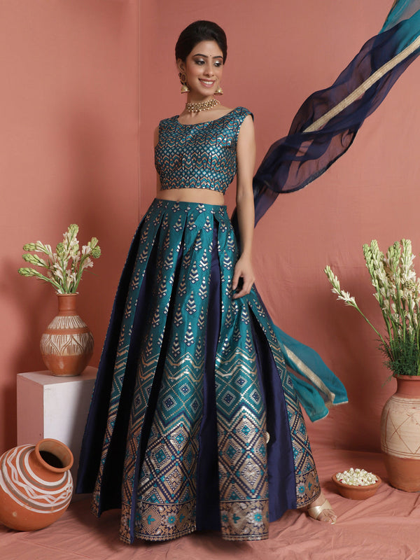 Women's Teal Blue Gold Zari Work Lehenga Choli With Dupatta - Aks