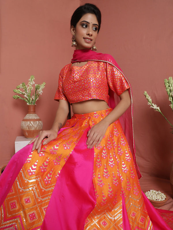 Women's Pink Brocade Lehenga Choli With Dupatta - Aks