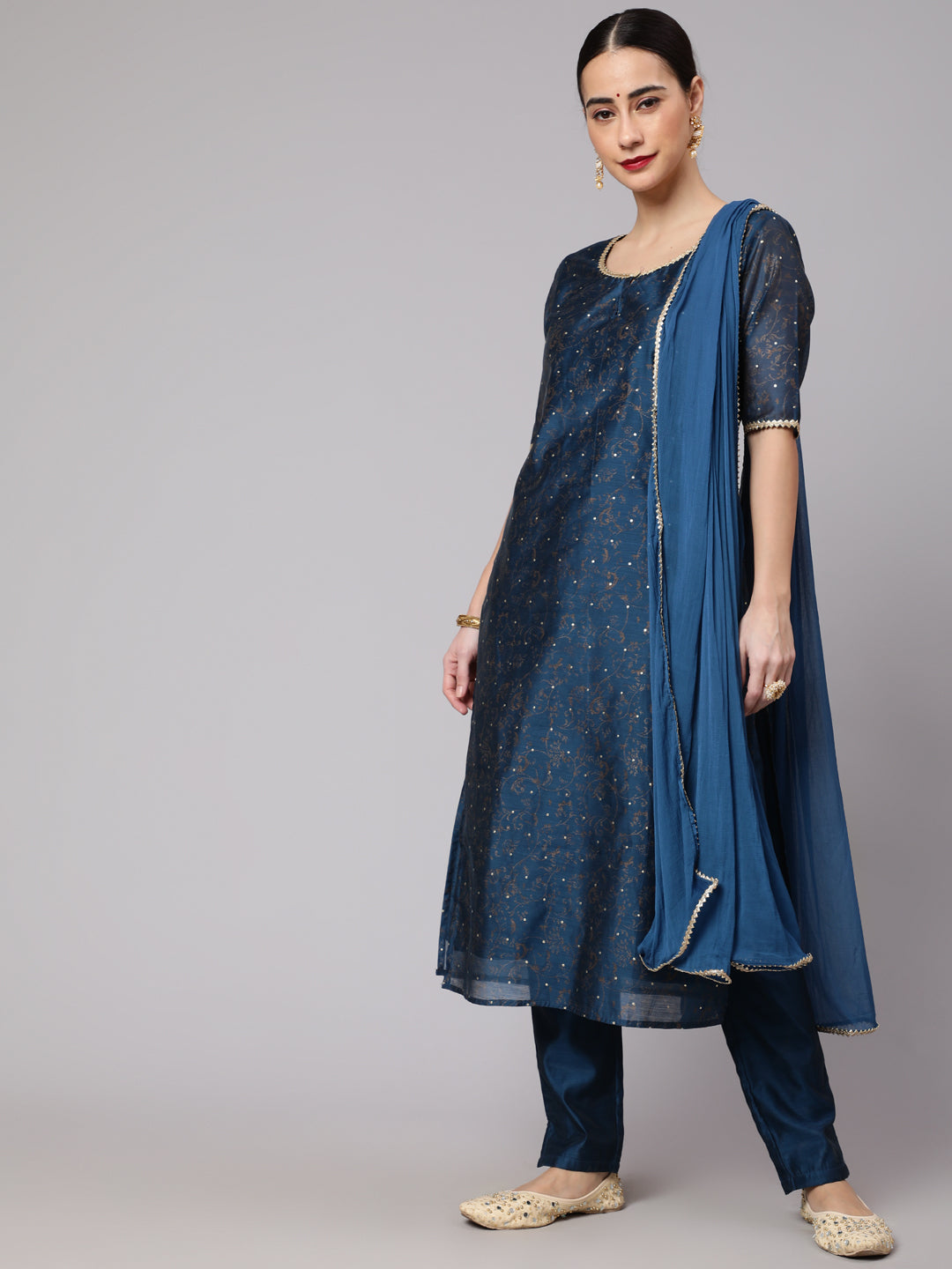 Women's Blue Foil Printed Kurta & Pant With Dupatta Set - Aks