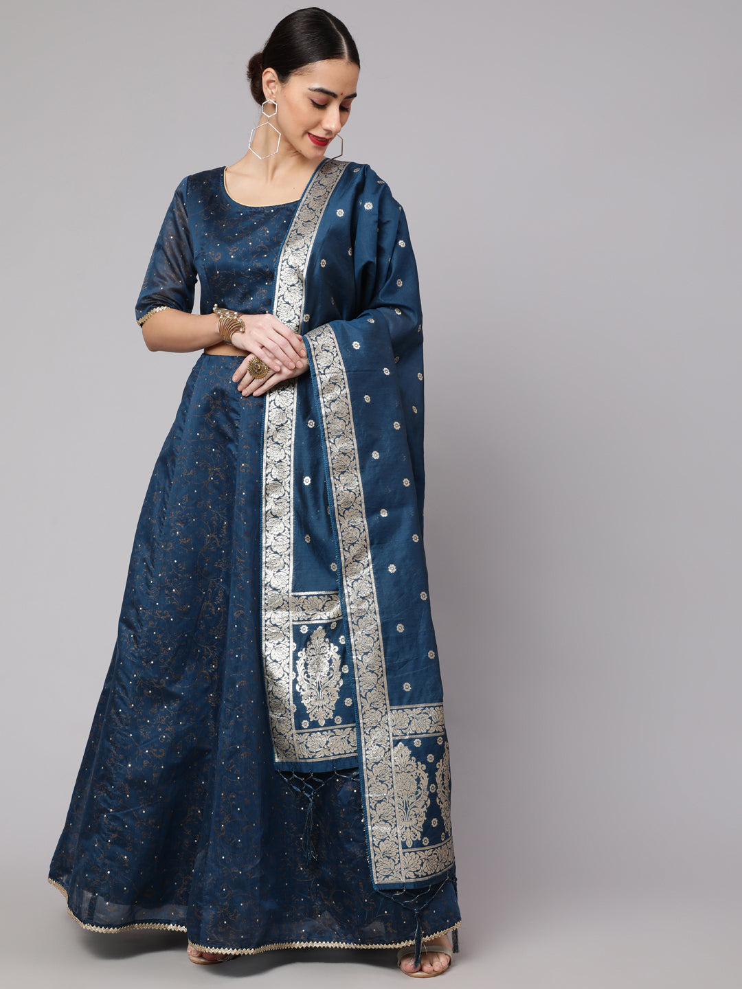 Women's Blue Foil Printed Lehenga Choli With Dupatta Set - Aks