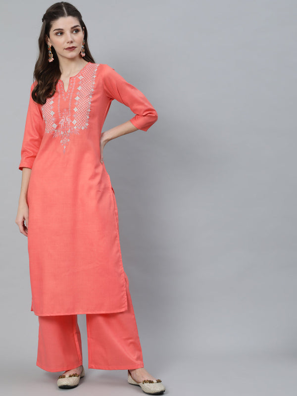 Women's Peach Embroidered Straight Kurta Set - Aks