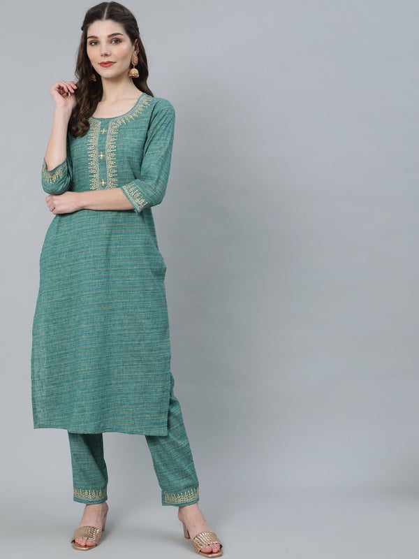 Women's Pastel Blue Striped Embroidered Kurta With Pant - Aks