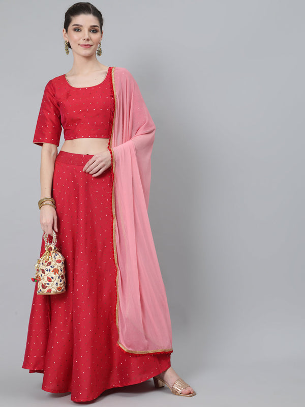 Women's Red Dobby Woven Designed Lehenga Choli With Dupatta - Aks