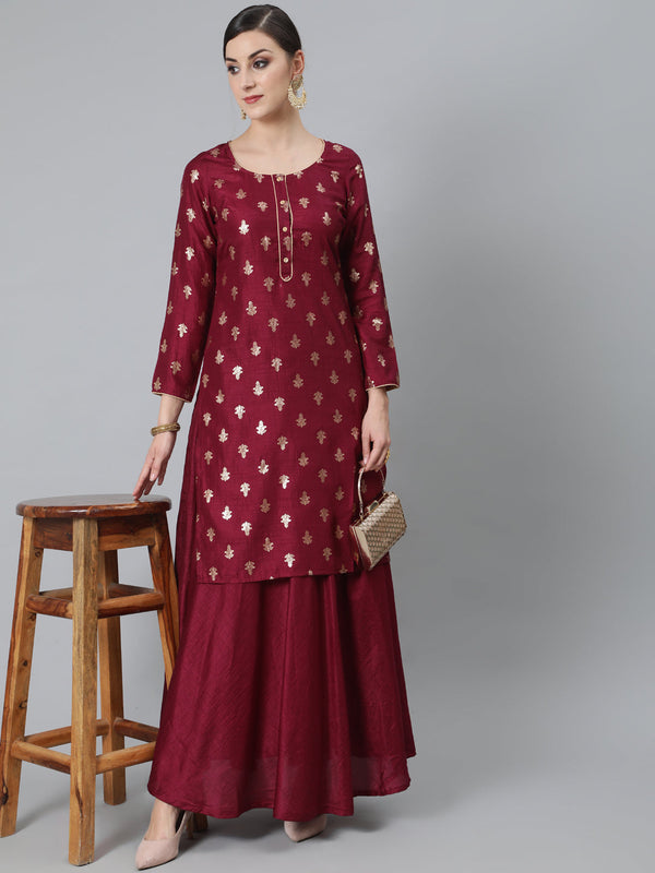 Women's Burgundy Foil Print Kurta With Skirt - Aks