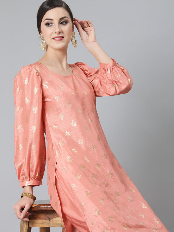 Women's Peach Foil Print Kurta With Palazzo - Aks