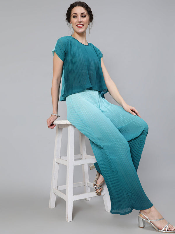 Women's Ombre Green Pleated Co Ord Set - Aks