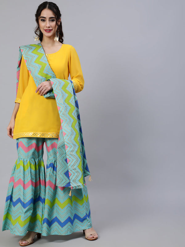 Women's Yellow Leheriya Print Kurta Sharara With Dupatta - Aks