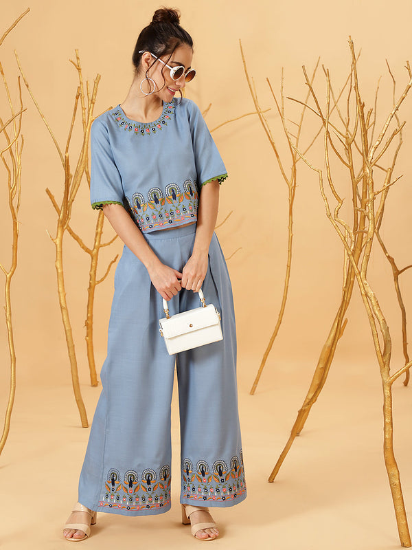 Women's Blue Embroidered Co Ord Set - Aks