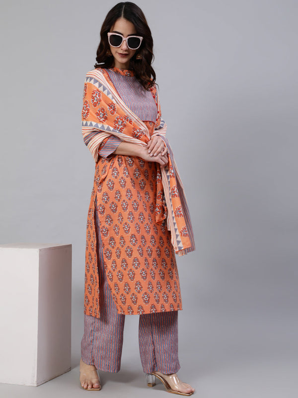 Women's Orange Floral Print Kurta Palazzo With Dupatta - Aks