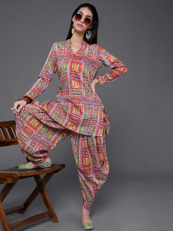 Women's Red Printed Short Kurta With Dhoti Pant - Aks