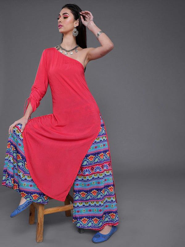 Women's Pink Kurta With Printed Palazzo - Aks