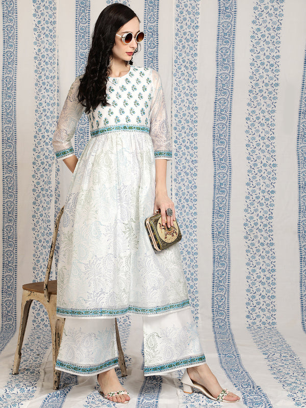 Women's White Block Printed A-Line Kurta With Palazzo - Aks