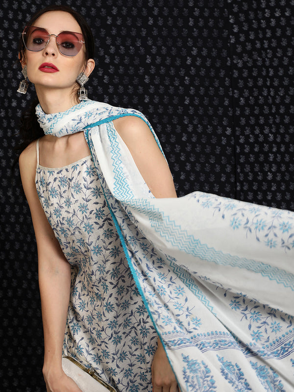 Women's White Block Printed Kurta Palazzo With Dupatta - Aks