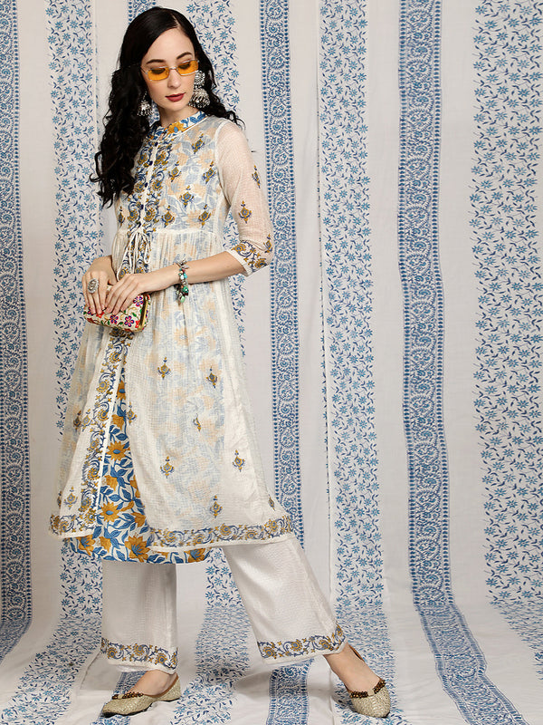 Women's White Hand Block Print Layered Kurta With Palazzo - Aks