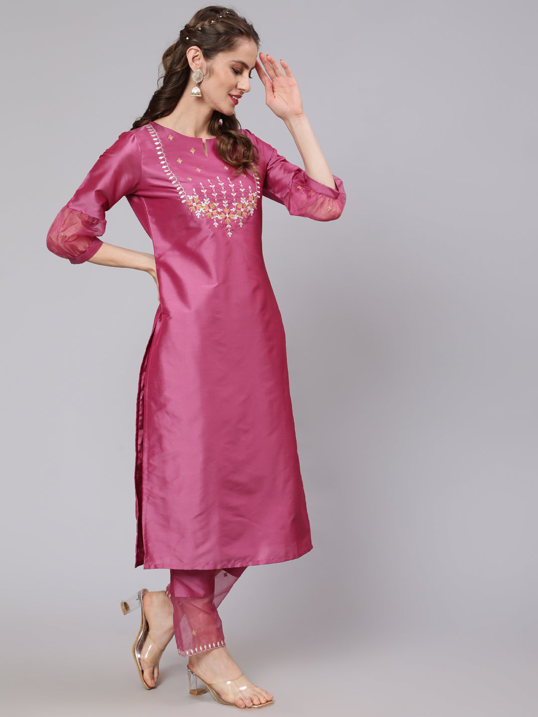 Women's Purple Embroidered Kurta With Pant Set - Aks