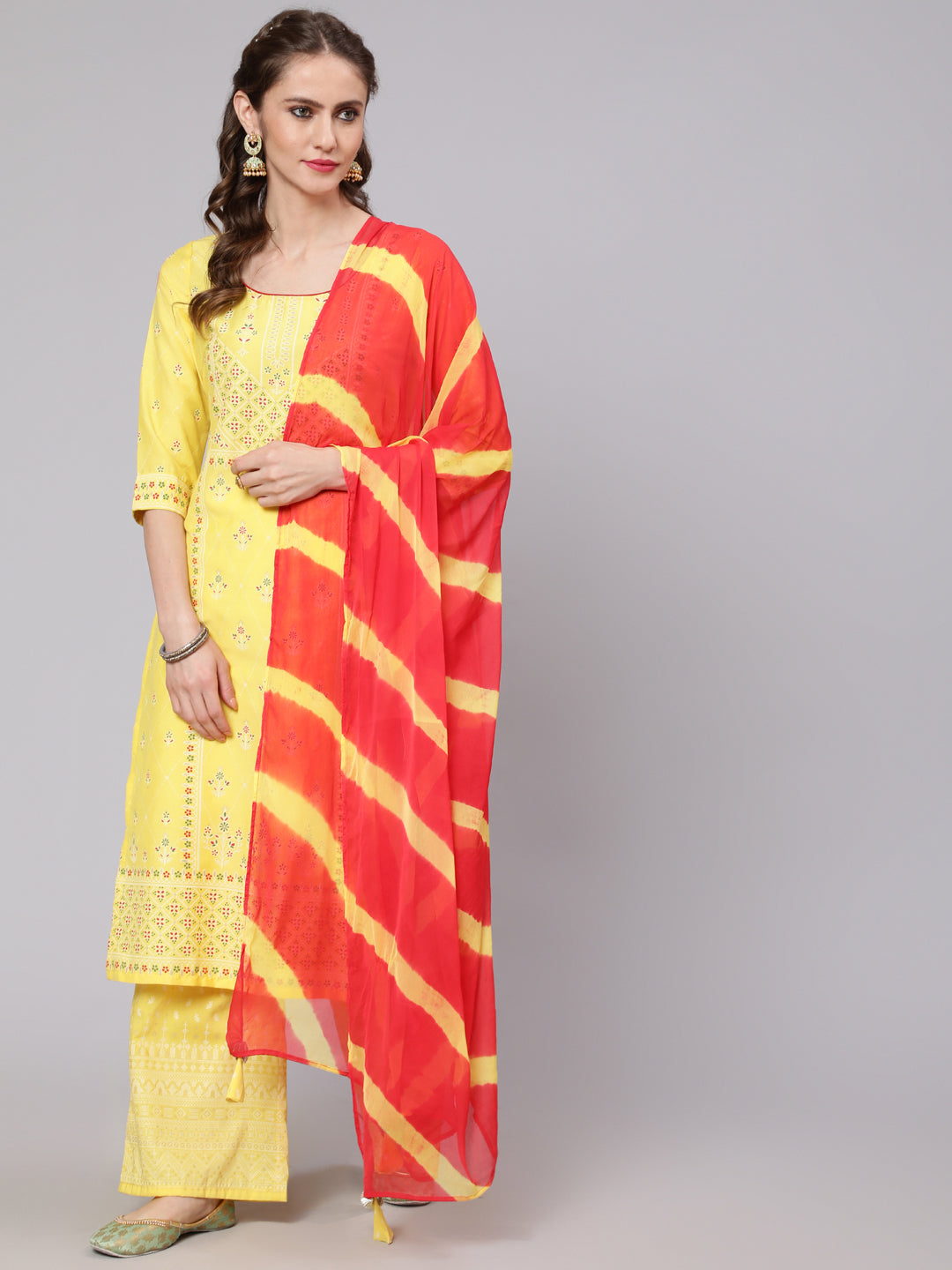 Women's Yellow & Red Placement Printed Kurta & Palazzo With Dupatta Set - Aks