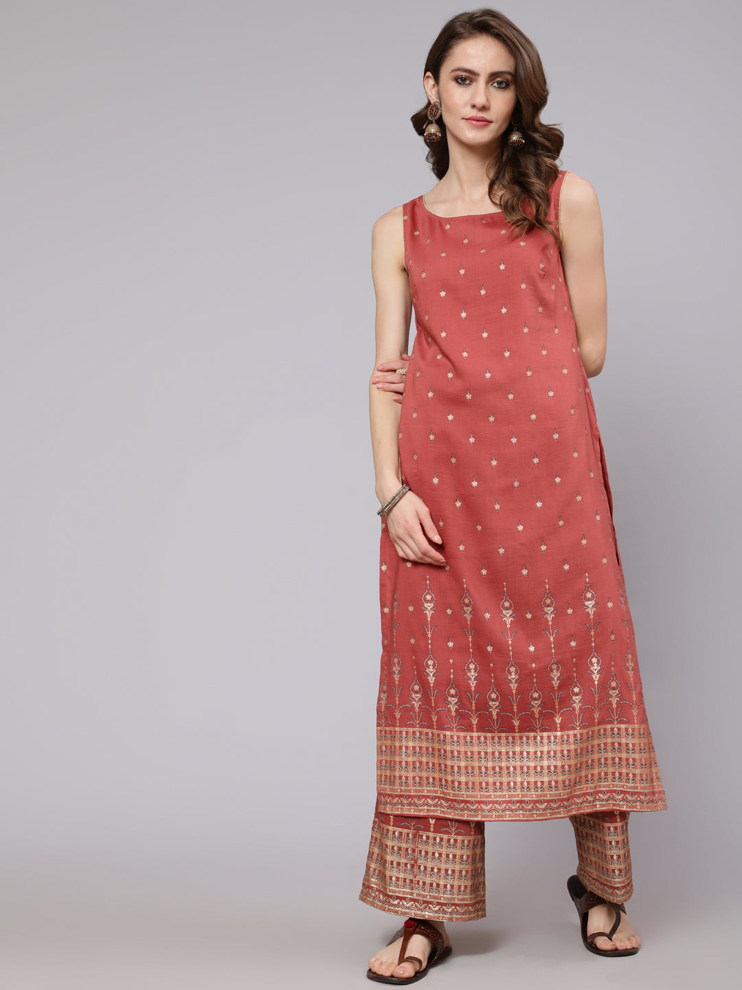 Women's Rust Red Placement Printed Straight Kurta With Palazzo Set - Aks