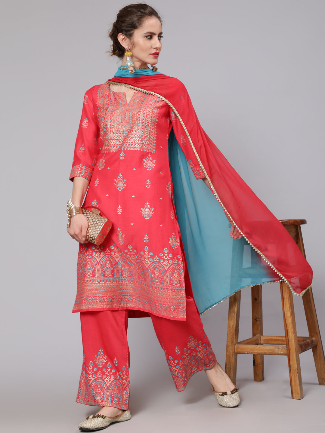 Women's Red Placement Printed Straight Kurta & Palazzo With Dupatta Set - Aks