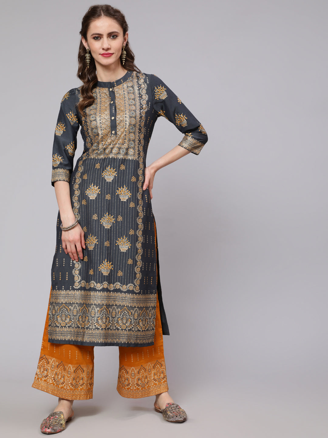 Women's Grey & Mustard Placement Printed Straight Kurta With Palazzo Set - Aks