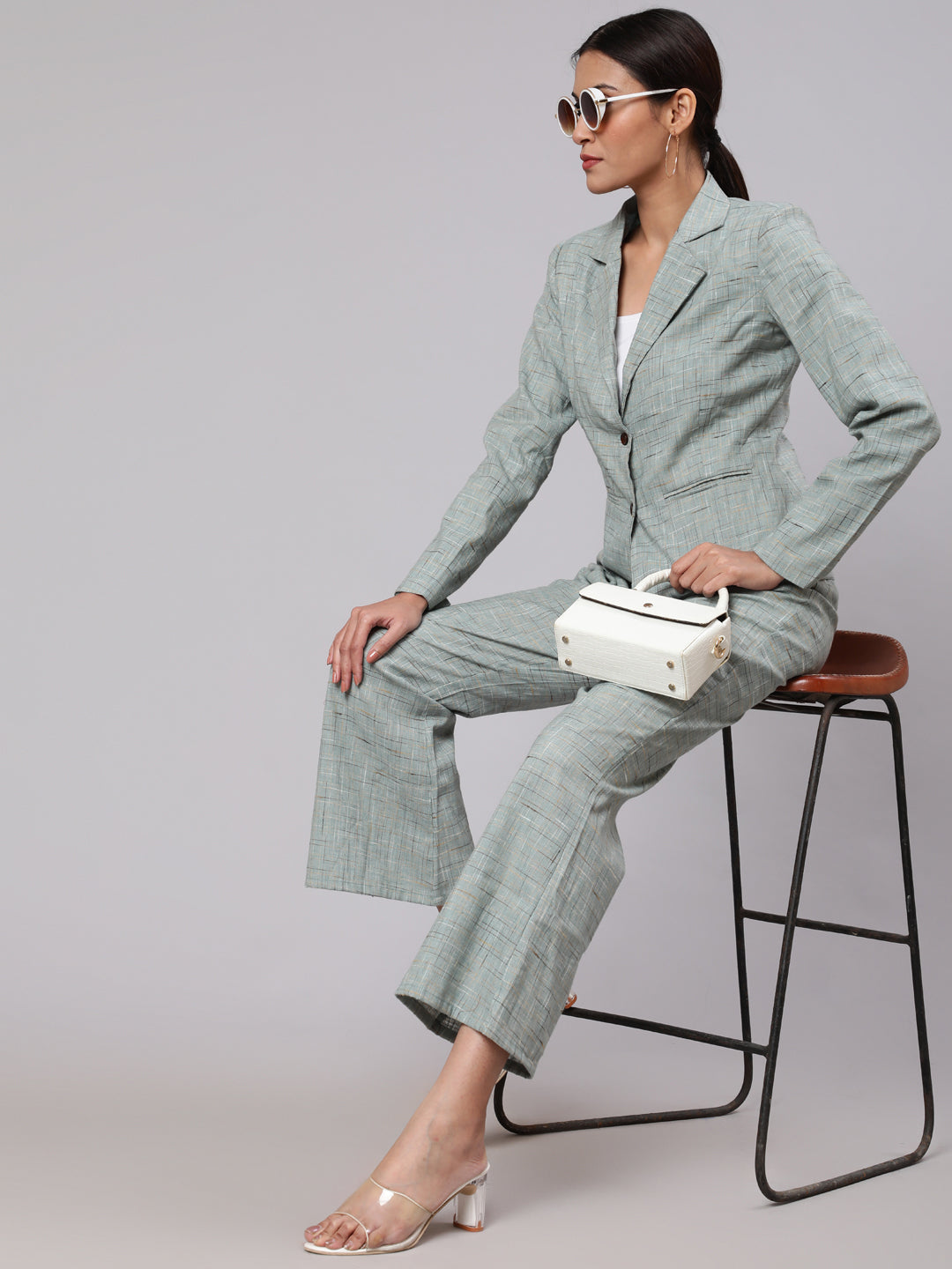 Women's Light Blue Handi Checks Design Blazer With Pant Set - Aks