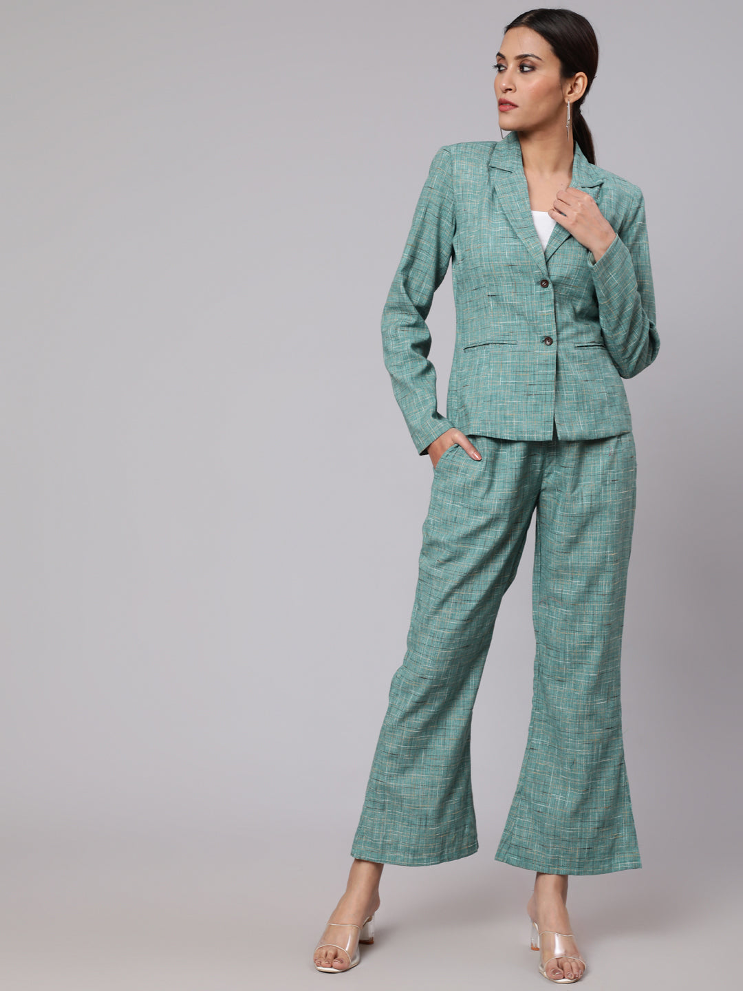 Women's Green Handi Checks Design Blazer With Pant Set - Aks