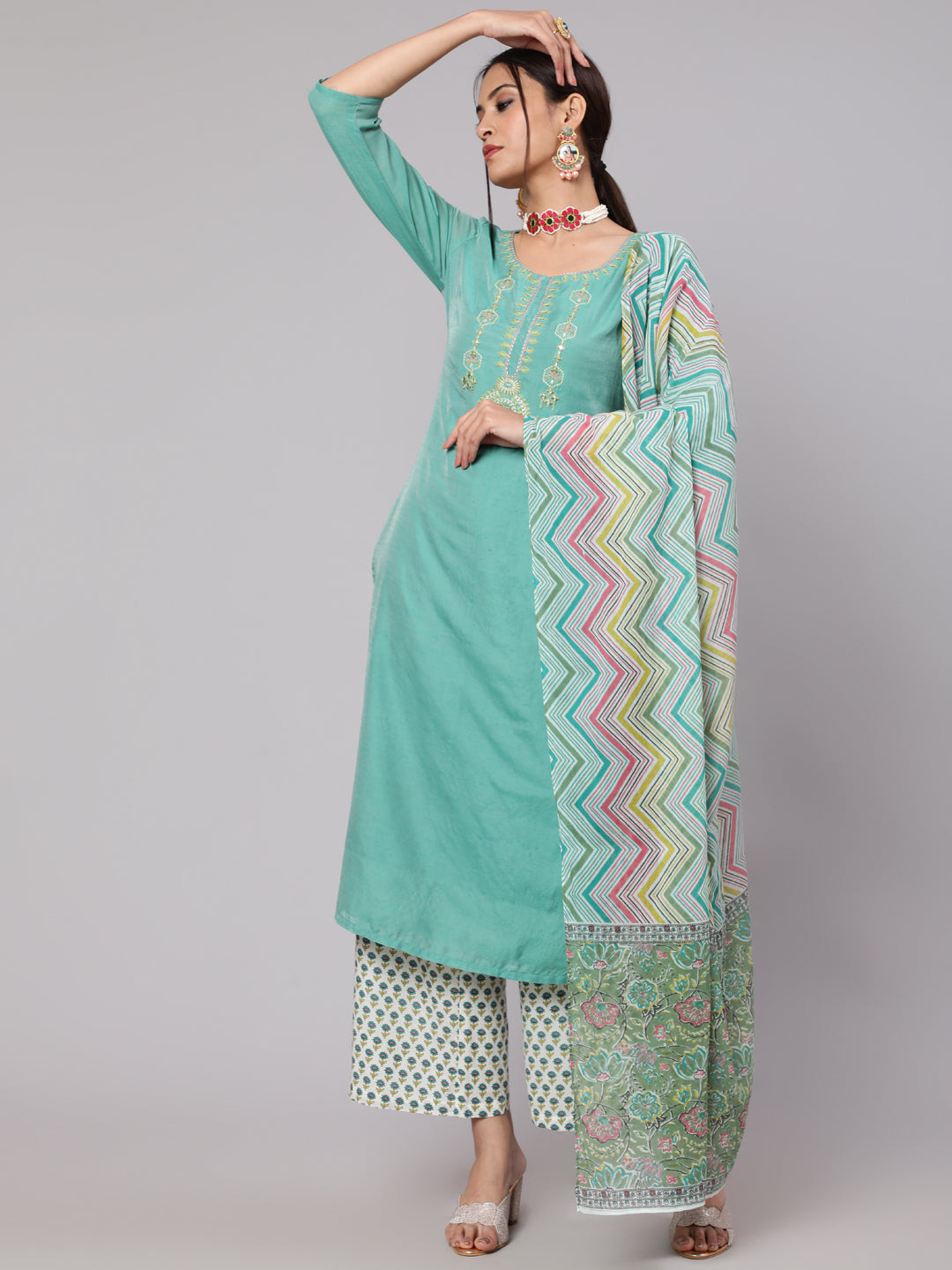 Women's Green & White Printed Kurta & Palazzo With Dupatta Set - Aks