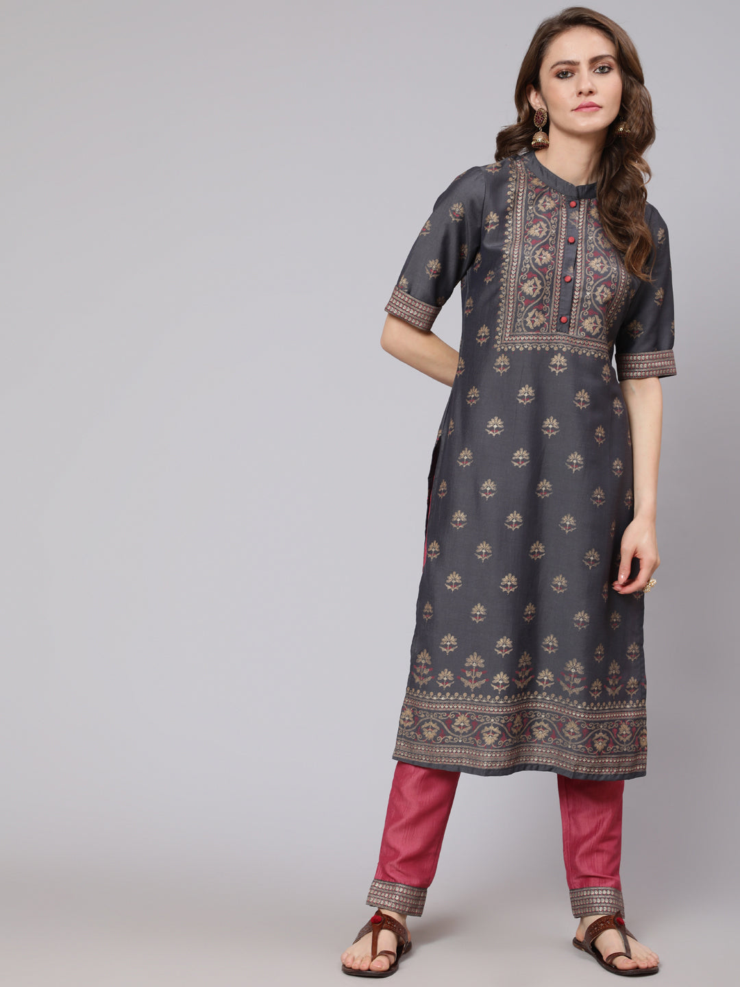 Women's Grey & Pink Placement Printed Kurta With Pant Set - Aks