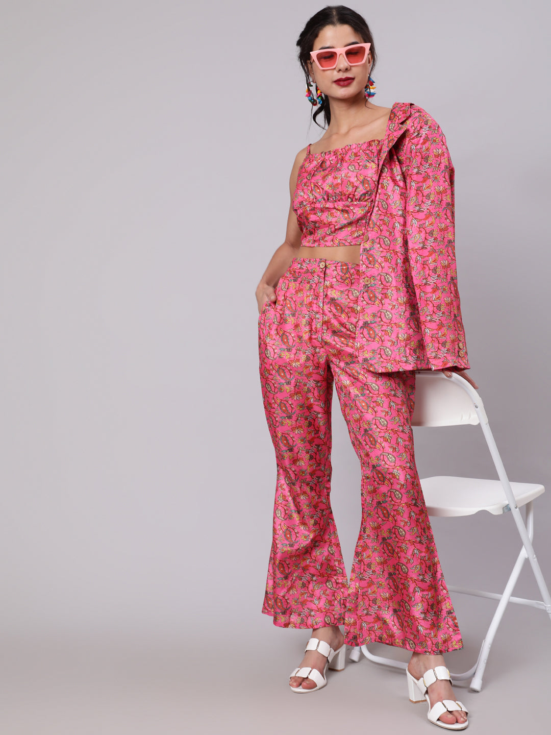 Women's Pink & Yellow Floral Printed Top & Blazer With Pant Set - Aks