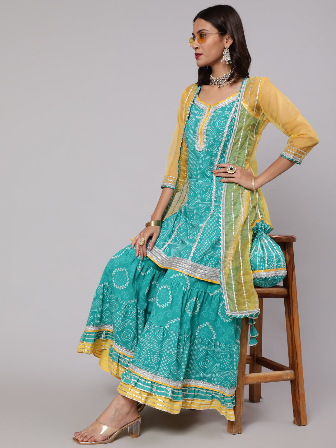 Women's Blue & Yellow Bandhani Printed Kurta Sharara With Organza Jacket & Potali Bag - Aks