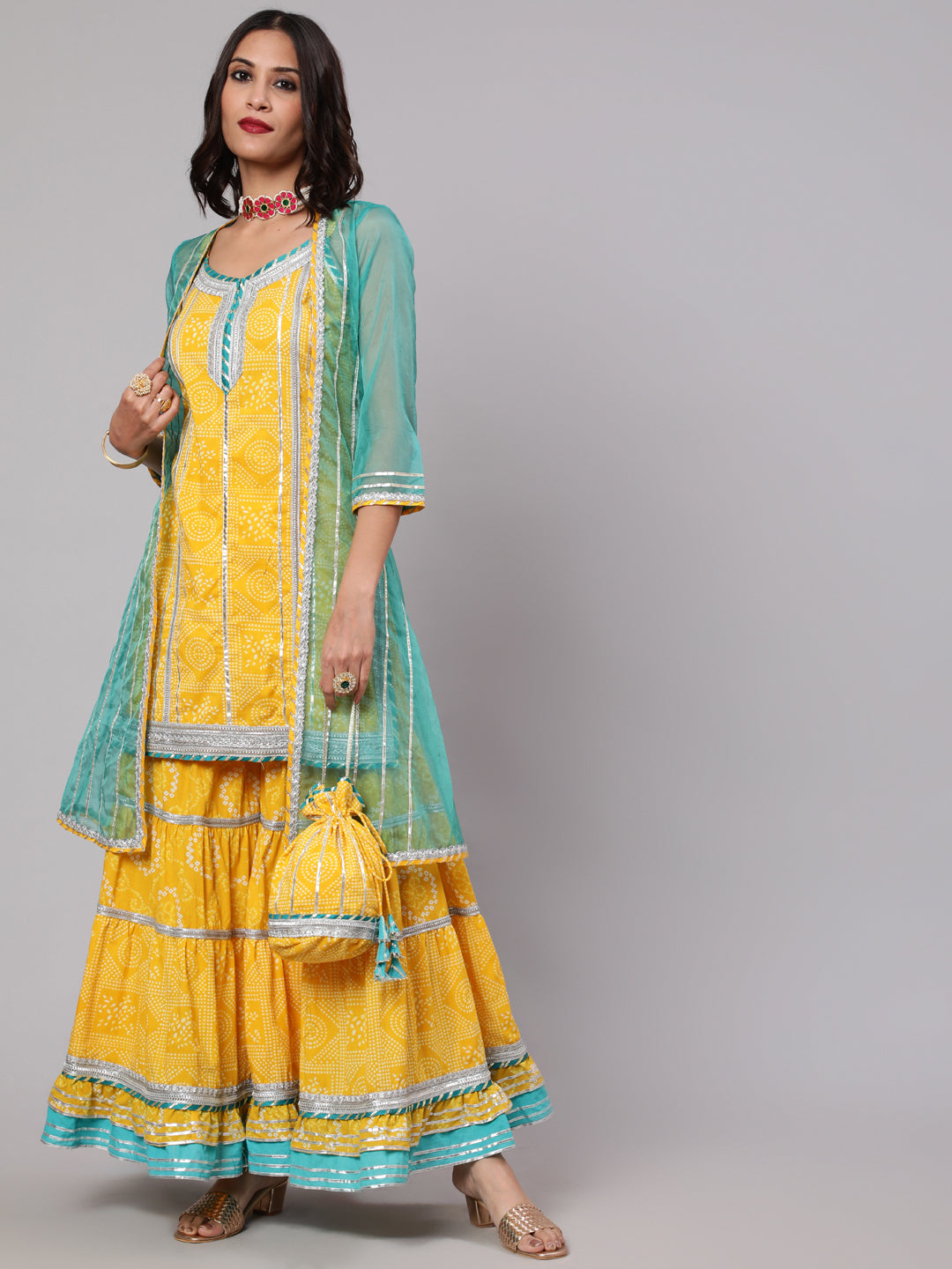 Women's Yellow & Blue Bandhani Printed Kurta Sharara With Organza Jacket & Potali Bag - Aks