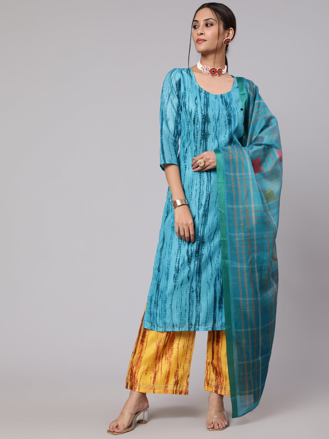 Women's Blue & Mustard Printed Kurta & Palazzo With Dupatta Set - Aks