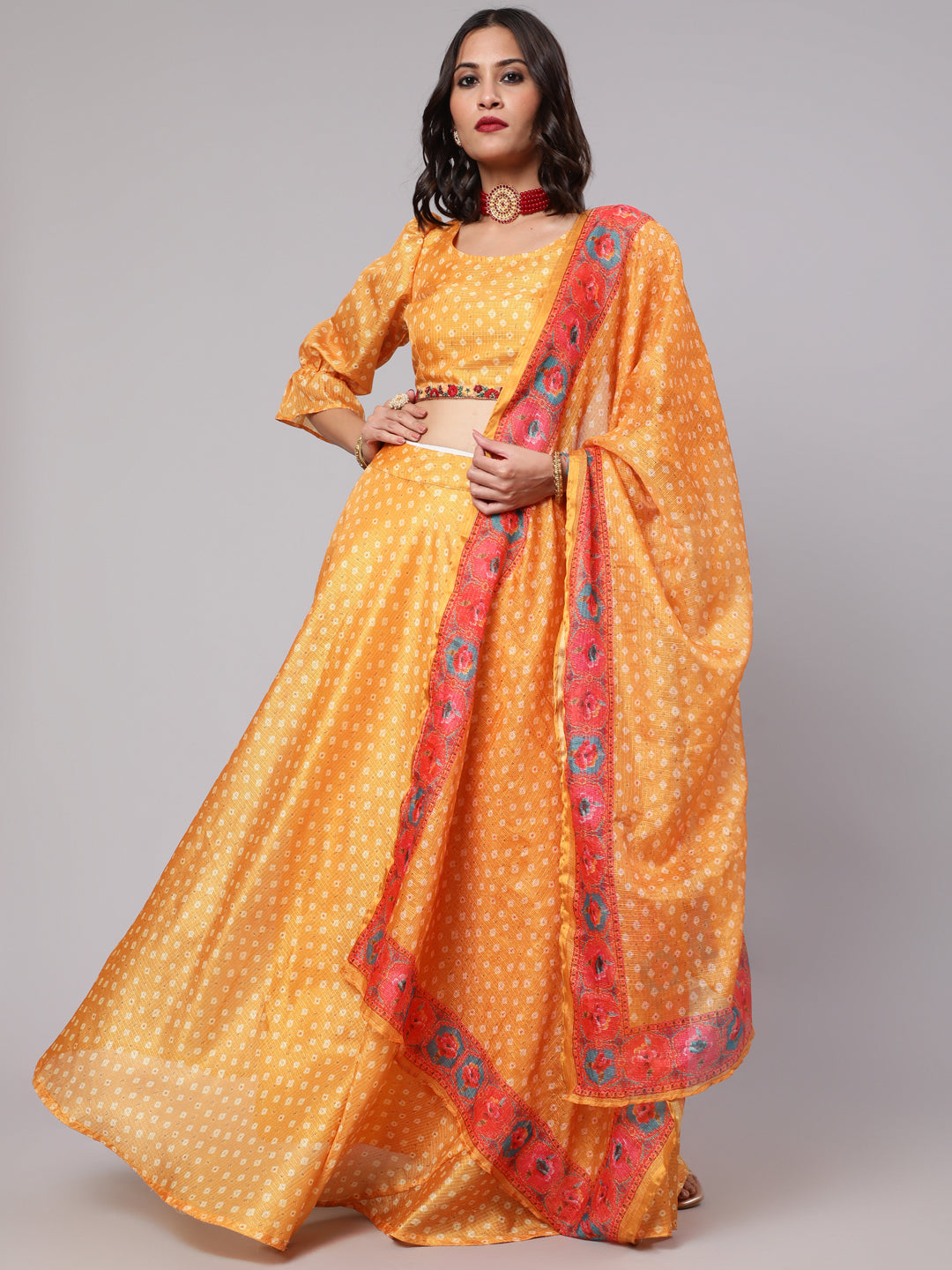 Women's Yellow Printed Lehenga Choli With Dupatta Set - Aks