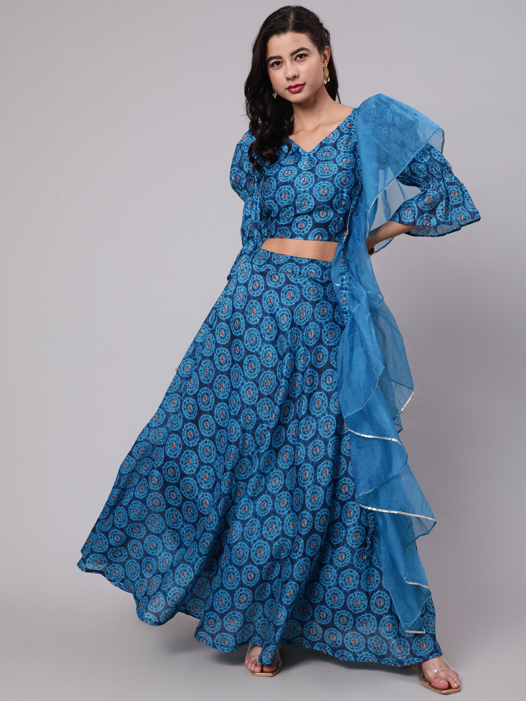 Women's Royal Blue Chanderi Printed Lehenga Choli With Organza Dupatta - Aks