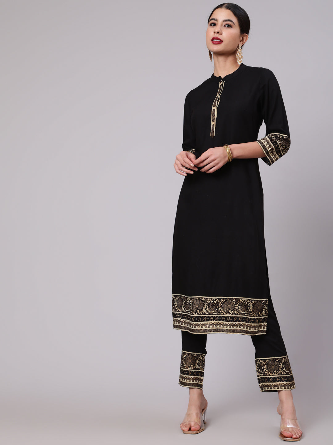 Women's Black Gold Printed Straight Kurta With Pant Set - Aks