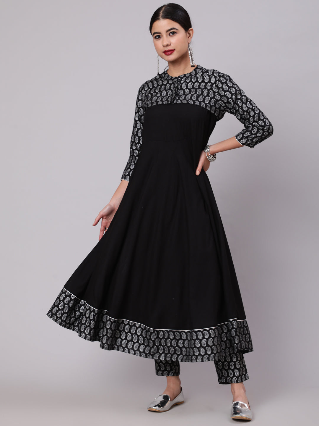 Women's Black Sliver Printed Anarkali & Pant With Koti Set - Aks