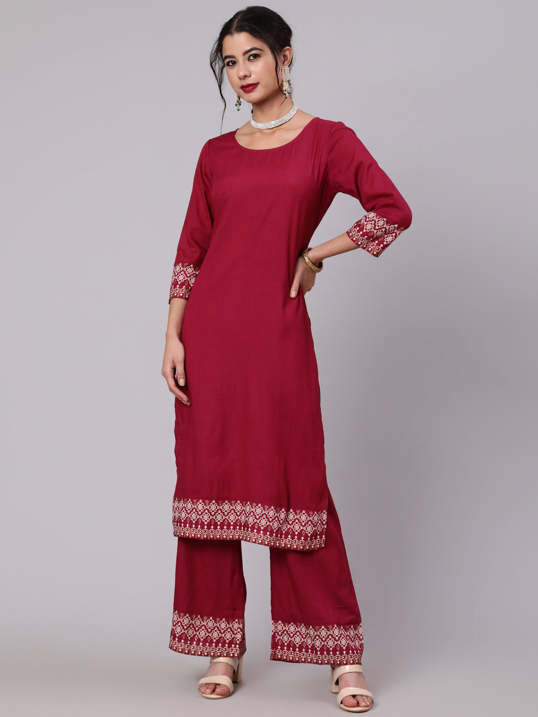 Women's Pink Solid Straight Kurta & Palazzo Set With Printed Border Details - Aks