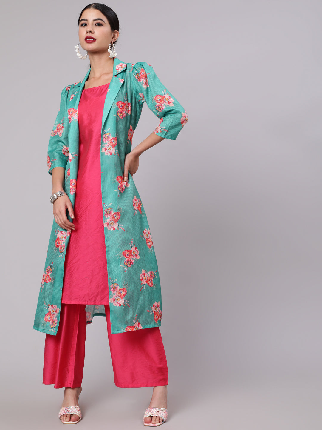 Women's Green & Pink Floral Printed Kurta & Palazzo With Jacket Set - Aks