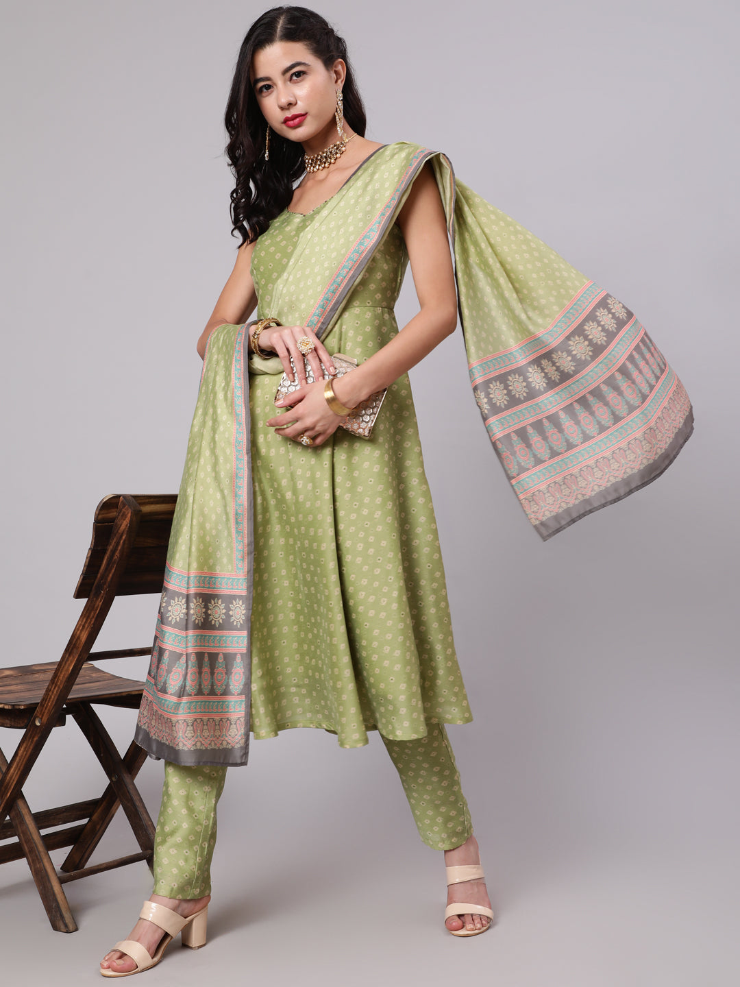 Women's Light Green Printed Anarkali & Pant With Dupatta Set - Aks