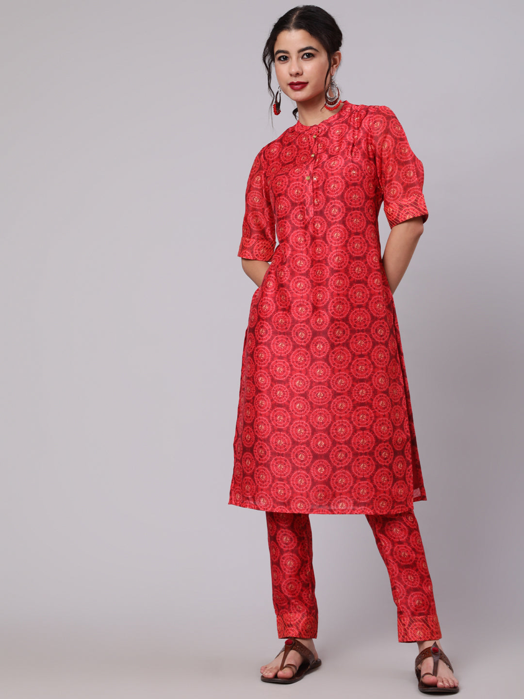 Women's Red & Mustard Chanderi Digital Printed Kurta With Pant Set - Aks