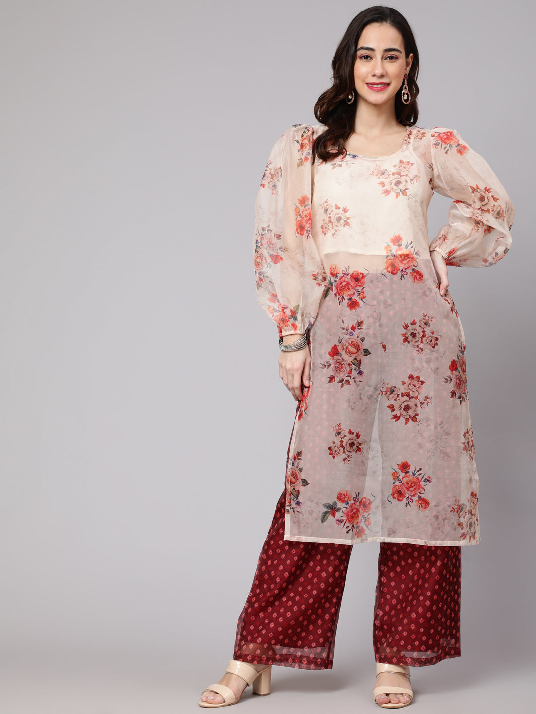 Women's Maroon & Cream Floral Printed Straight Kurta With Palazzo Set - Aks