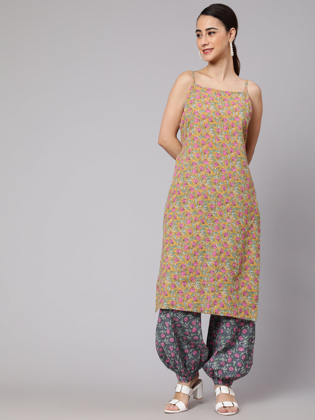 Women's Mustard Floral Printed Straight Kurta And Short Back With Balloon Pant Set - Aks