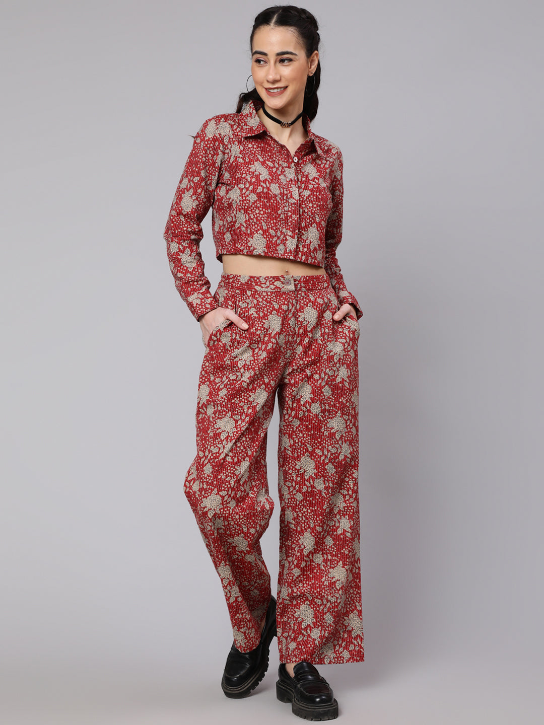 Women's Maroon & Grey Floral Printed Top With Palazzo Set - Aks