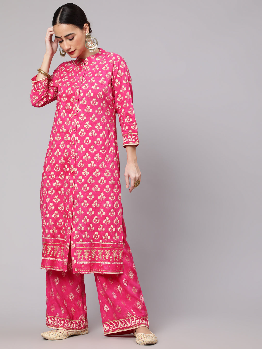 Women's Pink Gold Printed Straight Kurta With Palazzo Set - Aks