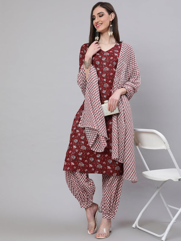 Women's Maroon Printed Lurex Kurta Palazzo With Dupatta - Aks