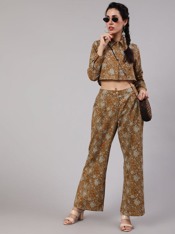 Women's Brown Floral Print Co Ord Set - Aks