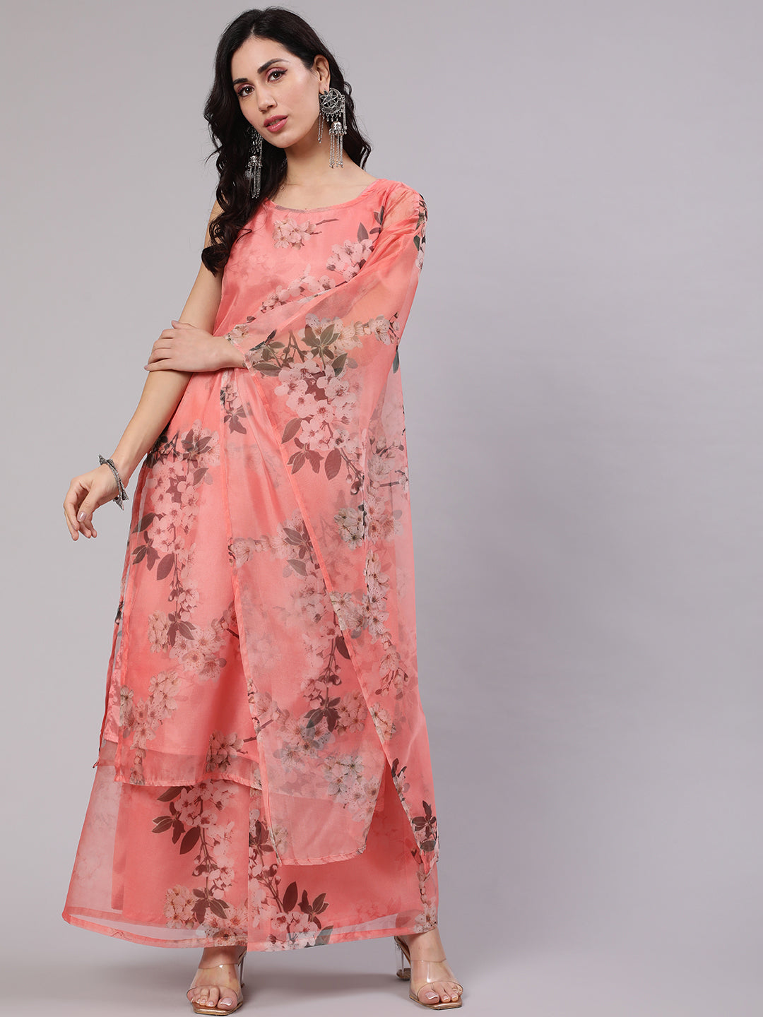 Women's Peach Printed Kurta Set With Cape Sleeve - Aks