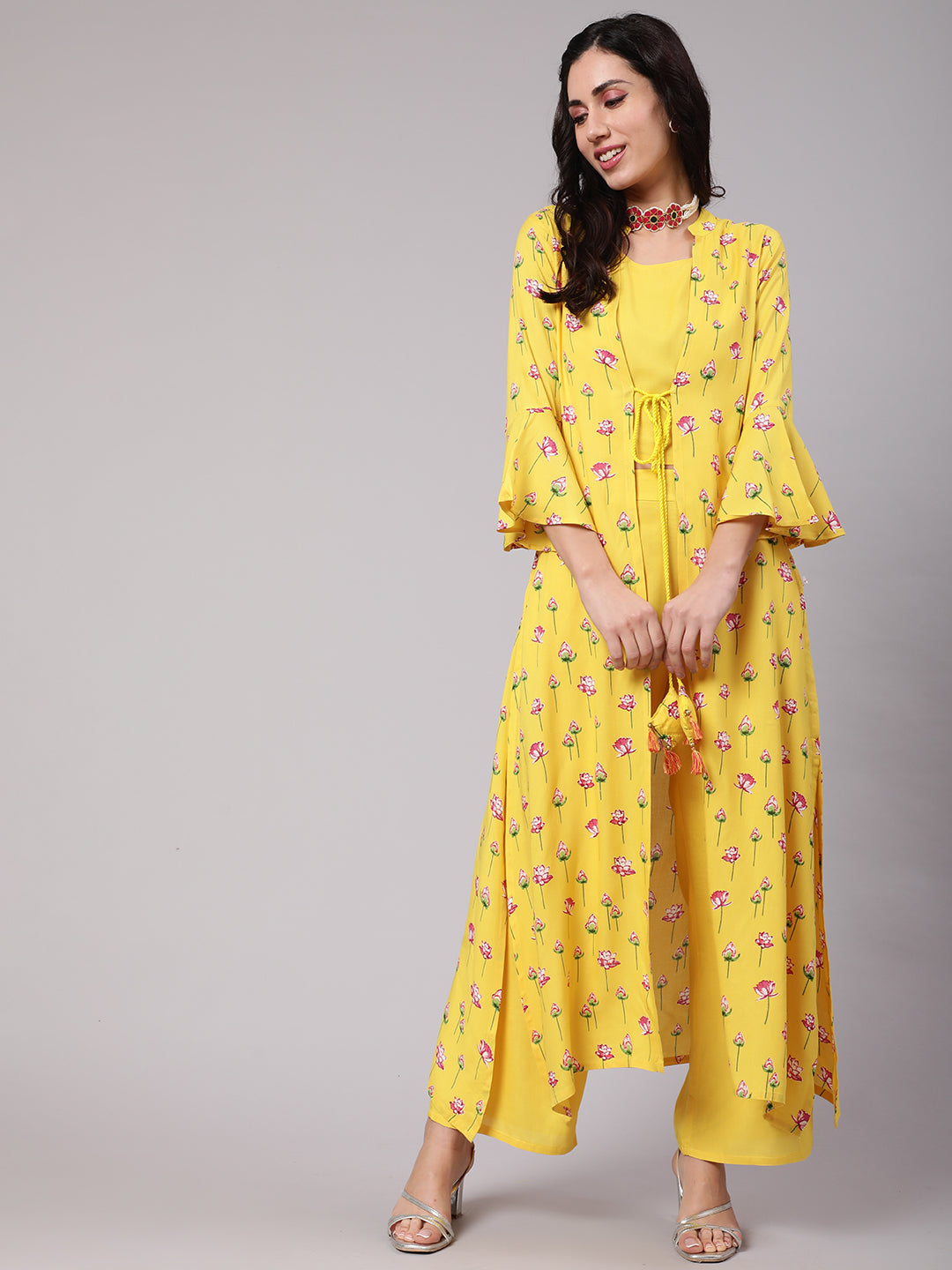 Women's Yellow Solid Top & Palazzo With Floral Printed Jacket Set - Aks