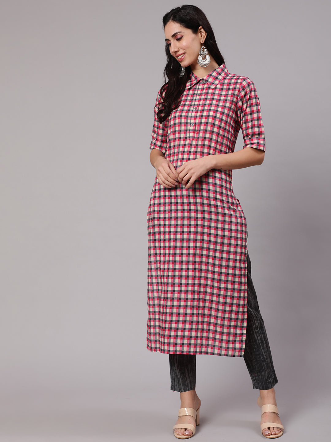 Women's Pink & Grey Checked Printed Kurta With Pant Set - Aks